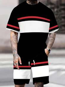 2 pièces ensemble t-shirt à manches courtes et shorts imprimé rayures graphiques, tenue de sport décontractée et ample pour hommes confortable