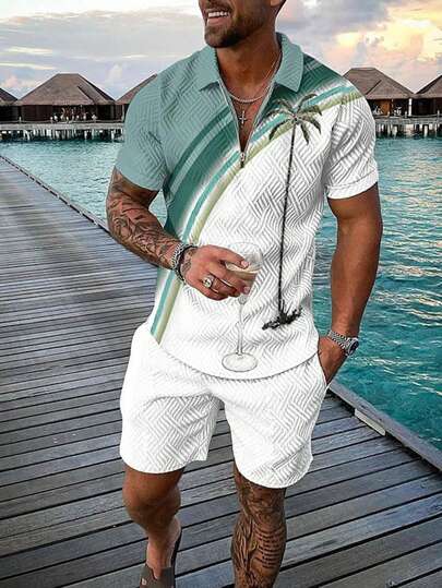  PONCHIOE All Over Print Polo Collar Short Sleeve Top And Pocket Shorts Casual Suit,Sage Green Set Vacation Outfits ,Beach Outfits,Ibiza Outfits,Summer Outfits,Father's Day Outfit,Tropical Vacation Man Clothes