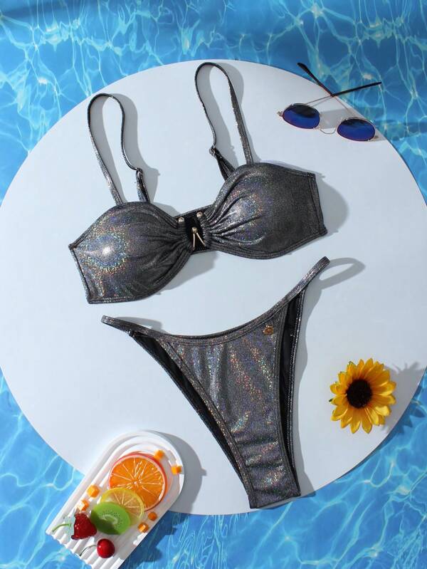 Premium Women's Glitter Triangle Bikini 2 Pieces Swimsuit Set, Versatile For Summer Island Beach Vacation