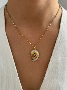 1pc Fashionable Stainless Steel Beach Holiday Series Sea Star, Sea Turtle, Seashell Enamel Inlay Pendant Necklace For Women - Gold - View 5