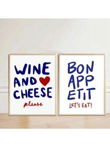1 pieza/2 piezas Impresión de "Vino y queso por favor" Arte de pared para cocina, póster abstracto Bon Appétit Imagen francesa para comedor, decoración del hogar Pintura en lienzo Pósteres sin marco
