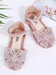 1 par de zapatos de princesa de moda para niñas, nuevo diseño de verano con lazo hebilla, punta cerrada y adorno de cristal, aptos para juegos al aire libre, fiestas y eventos - Rosa - Ver 1
