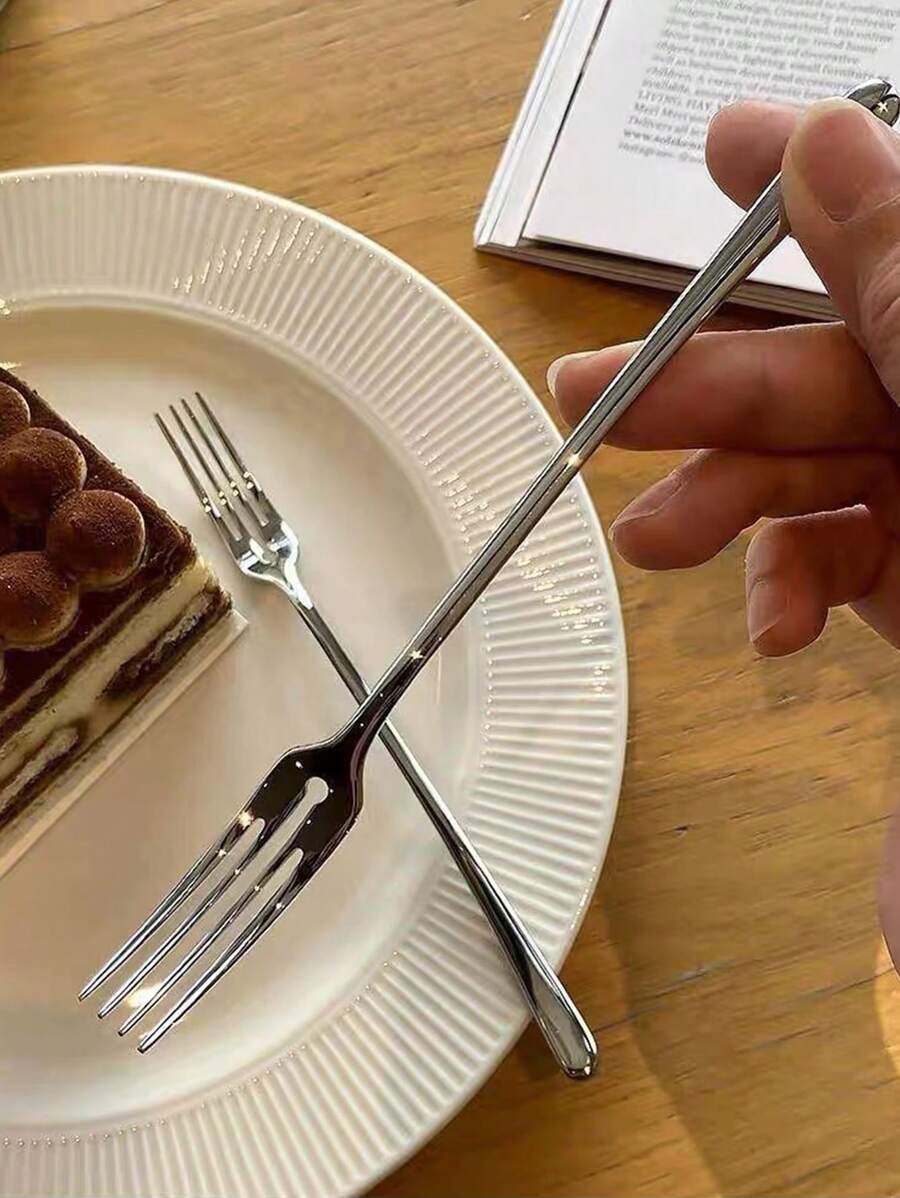 5件装不锈钢水果叉圆孔叉家用小叉子月饼叉餐厅水果叉甜品叉 - 銀色 - 查看 1