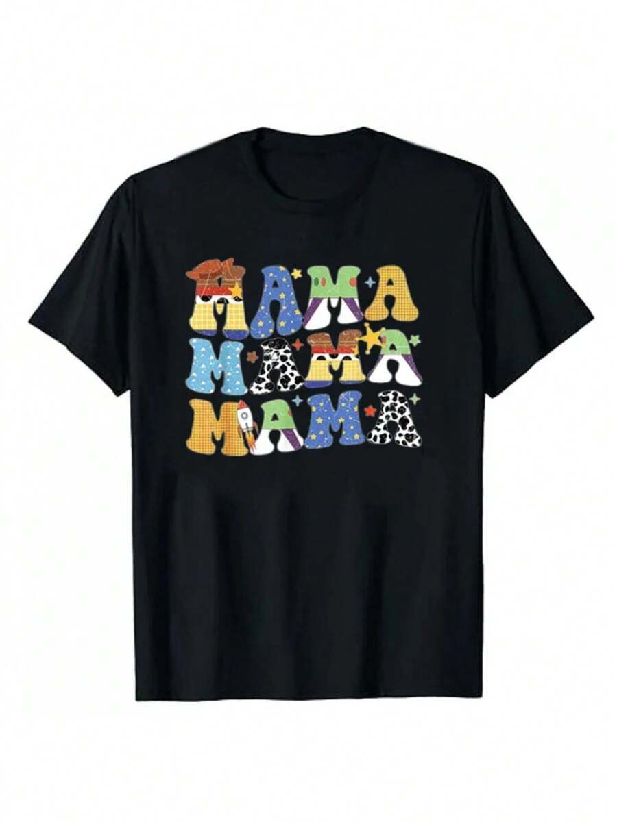 Toy Funny Story Mama Boy Mom Mother'S Day Tee For Womens Fashion T-Shirt Cute Letters Printed Graphic Outfits Mommy Aunt Gift 100% Cotton - 黑色 - 查看 1