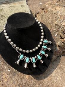 2pcs Western Country Style Fashion Oxidized Vintage Effect Pumpkin Flower Inlaid Turquoise Beaded Necklace/Double Layer Neck Chain Suitable For Women Daily Wear And Gift - Turquoise - View 8