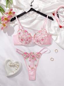 花卉刺绣网眼性感内衣套装，女士胸罩和内裤 - 粉色 - 查看 2