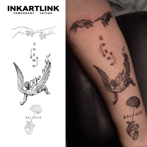  INKARTLINK 1 pieza Tatuaje temporal de 8*18cm con temática de jugo botánico, diseño de tatuaje de "Ángel caído" y magia del destino, tatuaje semipermanente de 15 días de duración, tatuaje falso realista, duradero 1-2 semanas