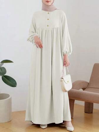 女士优雅舒适的圆领长袍式连衣裙