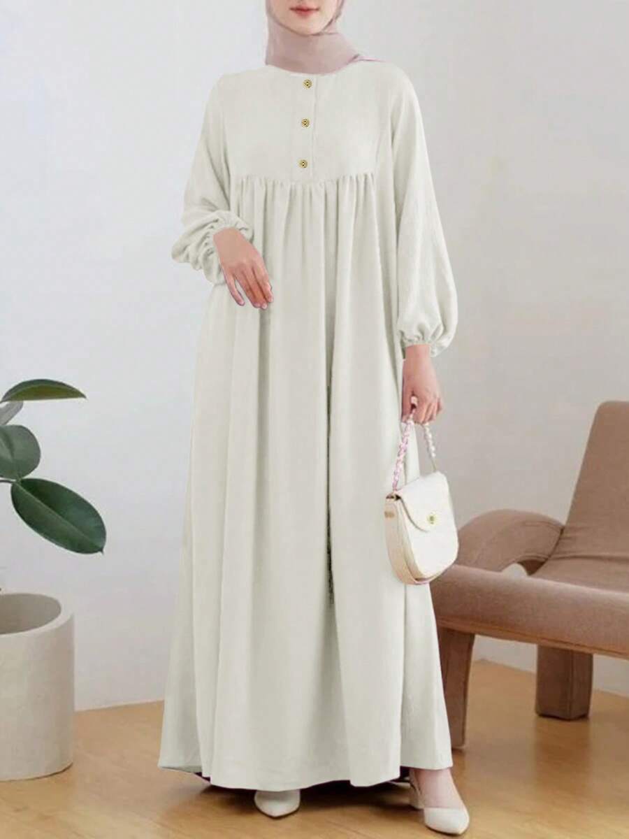 Gaun Panjang Wanita Elegan & Nyaman Model Abaya Leher Bulat Warna Putih Musim Semi