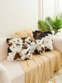 1pc Brown & White Cow Pattern Plush Pillow Case (No Filling), Modern Flannel Decorative Pillow Cover, Zipper Closure, Suitable For Home, Sofa, Living Room - White - View 4