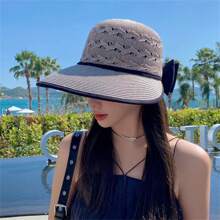 Women's Sun Hat With Bow Design Hollow Out Stylish Wide Brim Straw Beach Hat For Outdoor - Grey - View 3