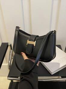 优雅新月形腋下单肩包，女士时尚休闲纯色腋下包 - 黑色 - 查看 9