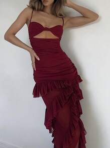 Sexy Cut-Out Side Slit Backless Mesh Strap Multi-Layer Ruffle Maxi Dress For Women, Graduation Party Outfit