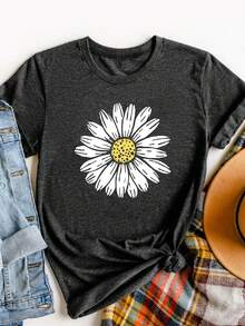 Ladies' Chrysanthemum Print Short-Sleeved Round-Neck T-Shirt - Dark Grey - View 1