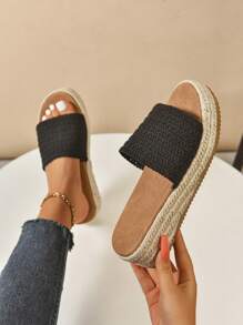 Women Rope Edged Platform Wedge Sandals, Lightweight Sole Comfortable Open Toe Handmade Woven Espadrille Sandals For Summer, Casual Beige - Black - View 2