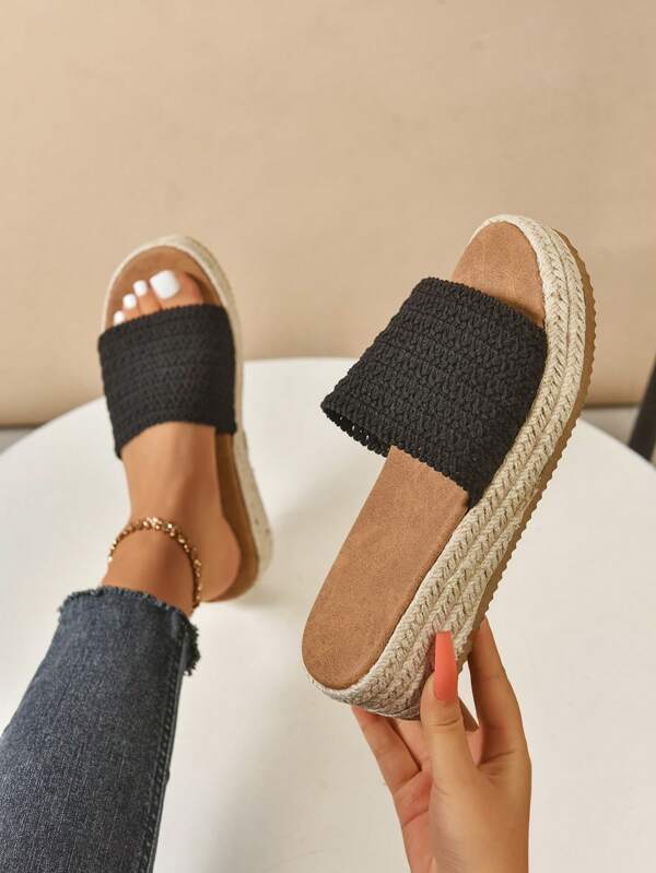 Women Rope Edged Platform Wedge Sandals, Lightweight Sole Comfortable Open Toe Handmade Woven Espadrille Sandals For Summer, Casual Beige