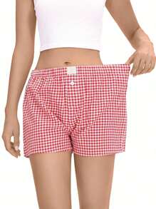GEREARC Plaid Casual Shorts For Women  Elastic Waist  Lounge Bottom Baggy Pajama Shorts Boxers - Red - View 3