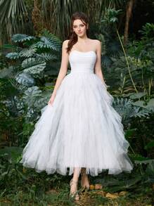 Elegant Minimalist Midi Dress With Polyester Tulle & Cascading Tulle Skirt | Wedding Guest Dress For Bridesmaid Events & Nature-Inspired Weddings & Summer Garden Parties - White - View 5