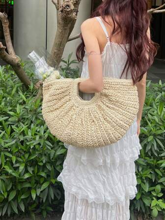 1 件大容量草编手提包云形半圆形手提包夏季新款沙滩度假包适合旅行、购物和日常外出