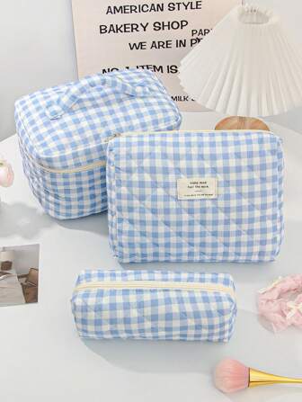 1 Pezzo Borsa per Trucchi a Scacchiera per Donna, Set di Borse Cosmetiche Blu Carino per Decorazione Casa, Borsa con Manico di Grandi Dimensioni, Borsa per Trucchi a Quadri Blu Adatta per Conservare Pennelli da Trucco, Lozioni, Detergenti Viso, Rossetti, Piccola Borsa per la Bellezza per Saloni di Manicure