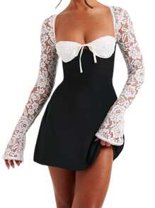 Women Long Sleeve Mini Dress Casual Lace Patchwork Tie Up Backless A-Line Party Dress For Cocktail Streetwear - 彩色 - 查看 1