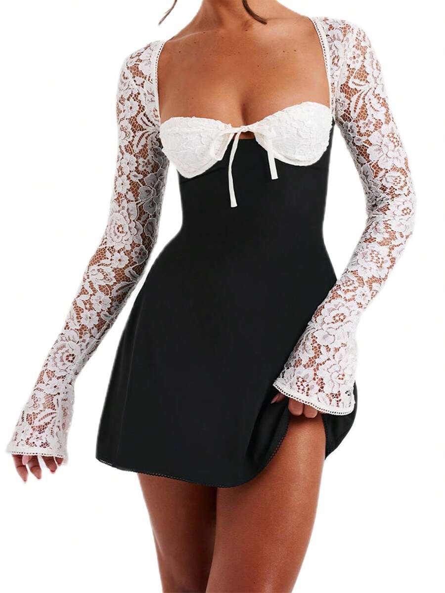Women Long Sleeve Mini Dress Casual Lace Patchwork Tie Up Backless A-Line Party Dress For Cocktail Streetwear - 彩色 - 查看 1