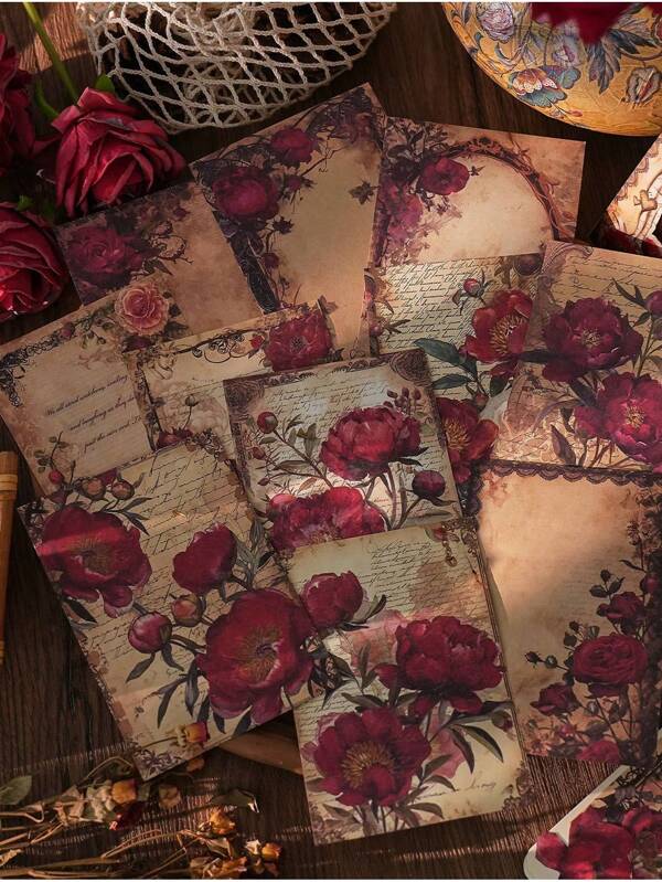 20pcs/Set Vintage Rose Themed Scrapbooking Papers, Decorative Background Materials, Memo Notes, Perfect Gift,School Supplies,Back To School