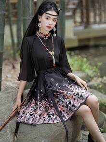 Spring & Summer Elegant Chinese Style Flower Embroidery Hanfu Top Tunic, Halloween