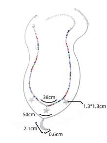Nooxian 2pcs/Set Summer Bohemian Style Colorful Bead Woven Star & Moon Pendant Necklace, Minimalist Choker Necklace (Random Bead Quantity, Random Star Pendant Quantity) - Multicolor - View 5