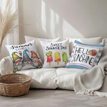 4 件夏日小矮人和冰淇淋主题靠垫套，柔软的桃色天鹅绒面料，45*45 厘米，适合室内沙发装饰、派对装饰、装饰枕头礼物 - 彩色 - 查看 4