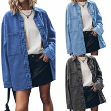 2025 Spring New, Lapel Jeans Coat For Women, Blue Large Pockets Loose Casual Shirt - Blue - View 2