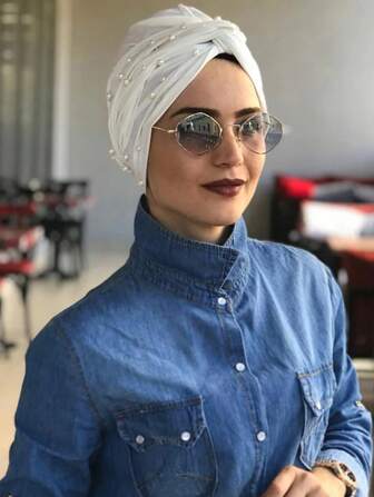 1 pezzo Turbante tinta unita istantaneo, cappellini hijab interni in colori solidi, con decorazione in perle finte per donne, fascia per accessori abaya, adatta per uso quotidiano sotto il velo