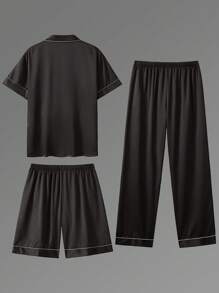 3pcs Casual Men's Short Sleeve T-Shirt, Shorts & Pants 3 Pieces Pajama Set