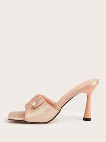 香槟色缎面仿珍珠水钻装饰细高跟鞋香槟色时尚女士高跟凉鞋，水钻数量随机