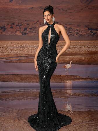 Vestido formal largo y ajustado con bajo de cola de pez de diseño hueco con lentejuelas exclusivas de AOSHABABI. Adecuado para todo tipo de ocasiones formales, festivales de música, cenas de gala, bodas, fiestas de vacaciones, bailes de graduación, fiestas de cóctel, citas, vacaciones y damas de honor. Vestido de fiesta.