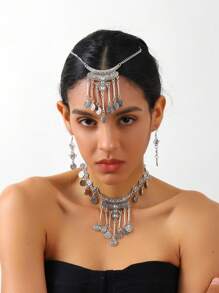 1 set de design de pièce de monnaie vintage arabe comprenant 1 chaîne de tête + 1 collier + 1 paire de boucles d'oreilles, convient aux femmes, cadeau de vacances