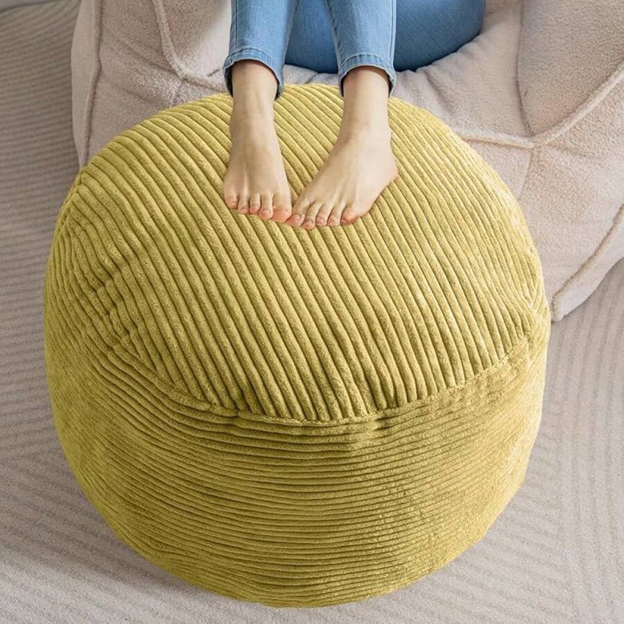 Round Stuffed Pouf , Corduroy Poufs With Foam Chunk Filling, Furry And Fluffy Pouf Foot Stool Storage , 20 X 15 Floor Poufs Foot Rest For Living Room, Beige - 綠色 - 查看 1