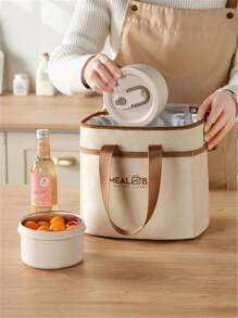 1pc Aluminum Foil Insulated Lunch Bag, Waterproof Oxford Cloth, , Handheld Bento Box/Lunch Bag, Large Capacity Picnic Cooler, Thermal Bag, Unisex - Beige - View 3