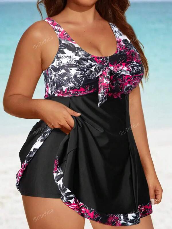 Tankini da bagno da donna taglie forti con gonna a stampa e gambe separate di moda