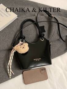 1pc CHAIKA & KILTER Glossy Solid Color PU Leather Shoulder Bag, Women's Fashion Handbag, Bucket Tote With Foil Lettering, Tie Strap Dual Handles, Zipper Closure, Detachable Adjustable Strap For Shoulder Or Crossbody Use, Suitable For Daily And Commuting