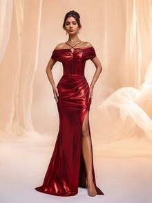 Vestido Elegante e Delicado de Baile de Formatura Vermelho com Decote Halter Sem Costas e Bainha de Sereia para Convidada de Casamento, Dama de Honra, Festa, Encontro, Baile de Formatura, Banquete, Formatura, Uso Ocidental Feminino, Estilo Old Money, Vestido Formal - Vermelho - Visão 4