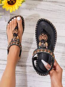Plus Size Hollow Out Rhinestone Flat Casual Beach Women Shoes, Bohemian Style Comfortable Summer Sandals - Black - View 1