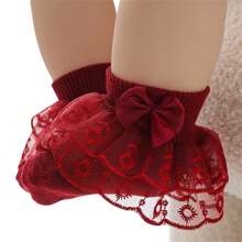 Baby Girls Ruffle Lace Socks, Super Soft Infant Ankle Socks Princess Dress Socks With Bow - Burgundy - View 2
