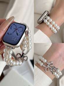 1 قطعة سوار ساعة نسائي عصري وأنيق، سوار فاخر بلمسة من اللؤلؤ الفضي اللامع، قابل للتعديل بشكل مرن دائري مزين باللؤلؤ الأبيض النقي، مناسب لساعات أبل واتش أولترا 3 2 1 إس إي إس 9 إس 10/إس 8/إس 7/إس 6/إس 5/إس 4/إس 3/إس 2/إس 1 بمقاسات 38/40/41 ملم و 42/44/45/49 ملم، هدية رائعة للصديقات والزميلات