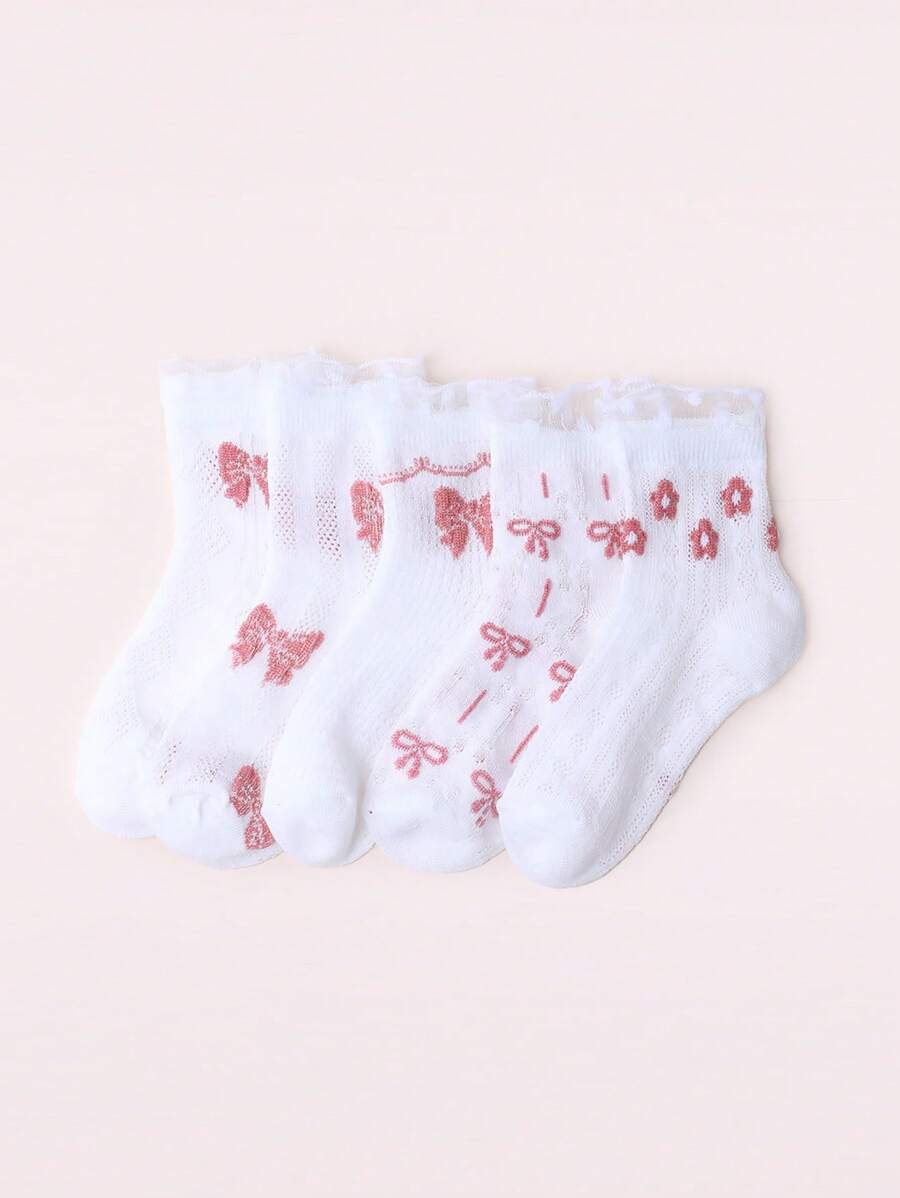 5 双女婴甜美可爱提花蕾丝边洛丽塔网眼短袜 - 白色 - 查看 1