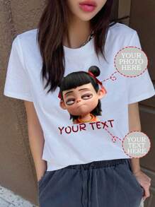 定制运动个性化礼品，定制女士T恤，可添加文字和图片（自拍/风景/全家福/朋友照/情侣照/图案/宠物照等），文字字体和颜色可选，设计您专属的个性化印花T恤作为礼物，时尚、嬉皮、休闲、简约、独特、个性化、独一无二，男装、胶囊衣橱、图案印花 - 白色 - 查看 2