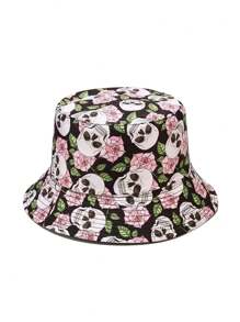 1 Stück modischer umkehrbarer Fischerhut für Damen mit rosafarbenem Blumen- und Skelettdesign, geeignet für lässige Frühlings- und Sommeroutfits