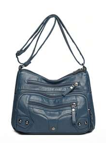 1pc Women Quilted Multi-Layer Outdoor Crossbody Bag With Rivets, Personalized Motocycle Style, Sports Vintage Shoulder Bag With Zipper Pockets For Phone & Coin