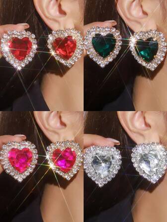 1 par de pendientes exagerados de alto nivel con cristal geométrico y perla, pendientes con cristales de color blanco, verde y rojo engastados, elegantes, lujosos, personalizados, versátiles para fiestas y vestidos