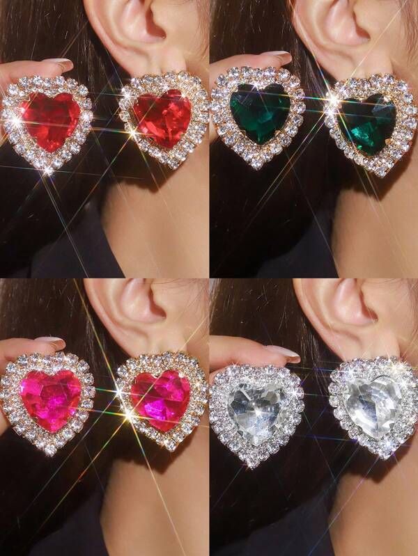 1 Pair High-End Exaggerated Geometric Crystal Pearl Earrings, Rhinestone Encrusted White, Green, Red Crystal Earrings, Fashionable, Luxurious, Personalized Earrings, Party/Dress Versatile